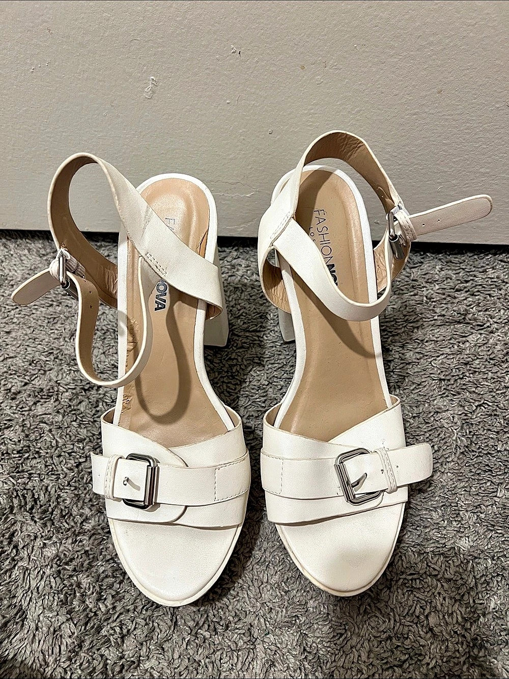 Fashion Nova White Buckle Strap Heels